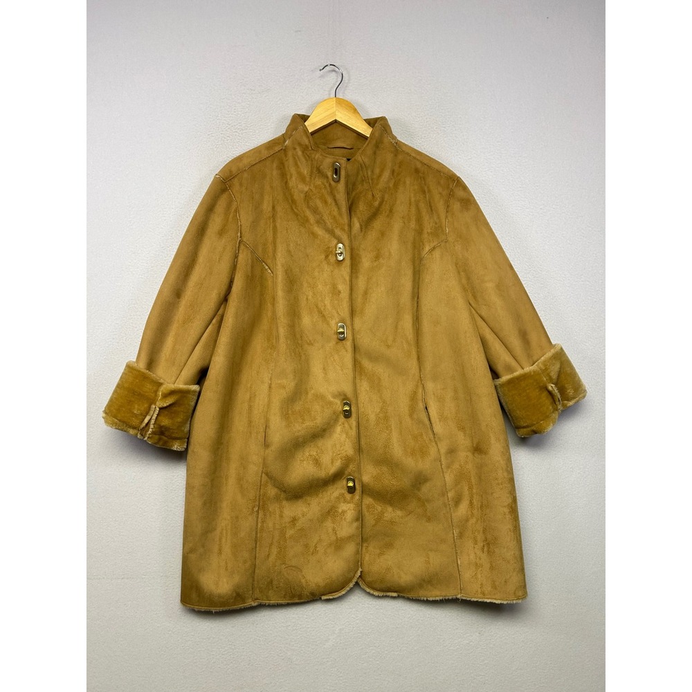 Boho Chic Isaac Mizrahi Live Women Large Tan Faux Suede Fur Turn-Lock Coat
